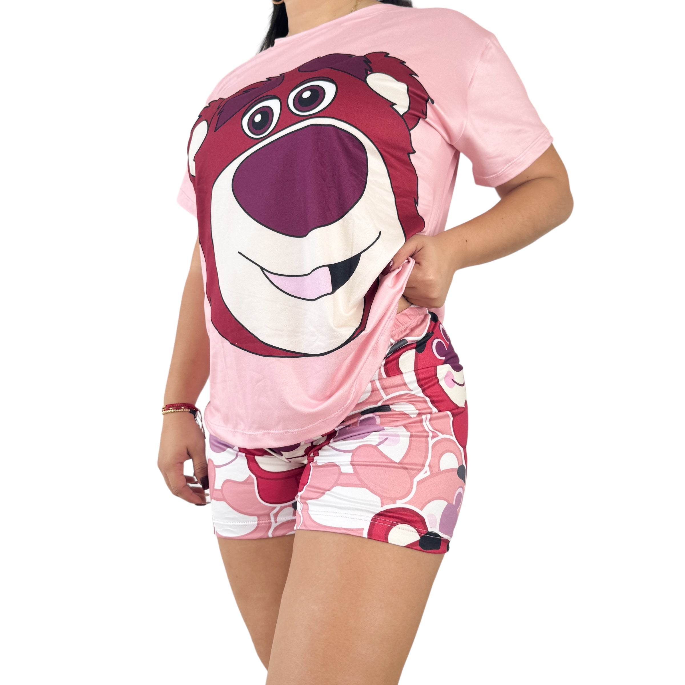 Estampado lotso rosado - Set de pijama 3 piezas manga corta, short y pantalón